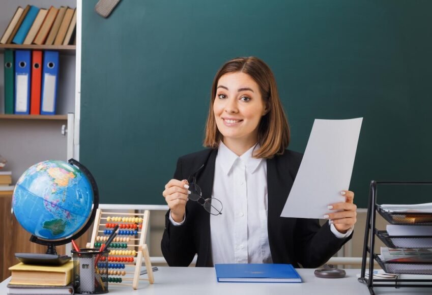 young-woman-teacher-wearing-glasses-sitting-school-desk-with-globe-books-front-blackboard-classroom-holding-white-empty-sheet-paper-happy-positive-smiling_141793-133110